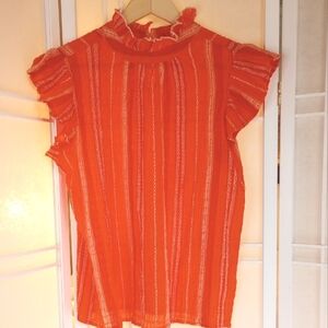 THML Women's Small Ruched Crepy Flutter Sleeves Orange Hot Pink Lightweight Top